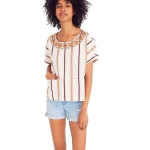 Madewell Embroidered Boxy Striped Short Sleeve Crop Top Striped Cream Medium